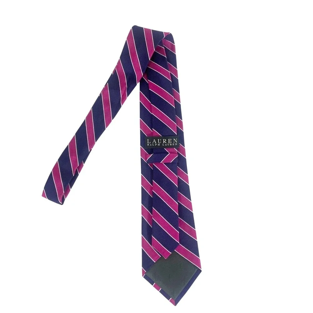 Lauren Ralph Lauren Silk‎ Repp Tie Stripe Navy Pink White Hand Made - Picture 7 of 16